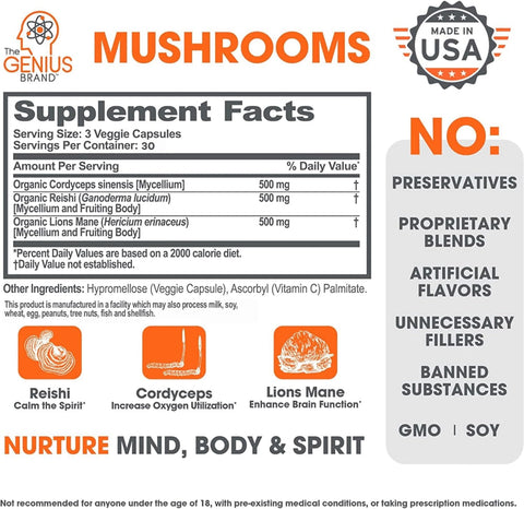 The Genius Brand Mushrooms 30 Servings 90 Capsules