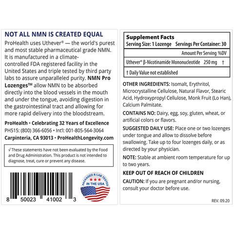 ProHealth NAD+ Pro Lozenges Featuring Uthever NMN 250 mg, 30 lozenges