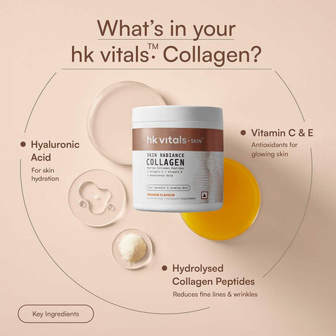 HK Vitals Skin Radiance Marine Collagen Supplement Powder (Orange, 100G) | Collagen Peptides With Vitamin C, E