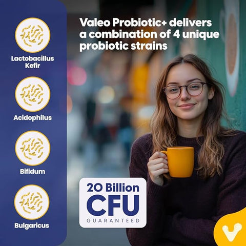 Valeo Probiotic+ | 20 Billion CFUs with 4 Probiotic Strains| Supports Digestive Health, Immune Function, and Gut Flora Balance | Health Supplement for Men & Women | 60 Capsules (180)