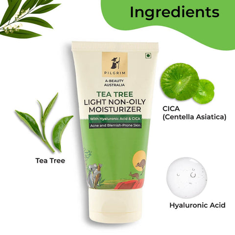 Pilgrim Australian Tea Tree oil free moisturizer for face for oily & acne prone skin with Hyaluronic acid & CICA |Tea tree light non-oily moisturizer for face |Face moisturizer for women & men | 80 gm