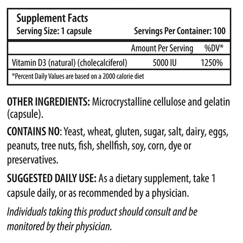 Vitamin D3 5000 IU, 100 Caps