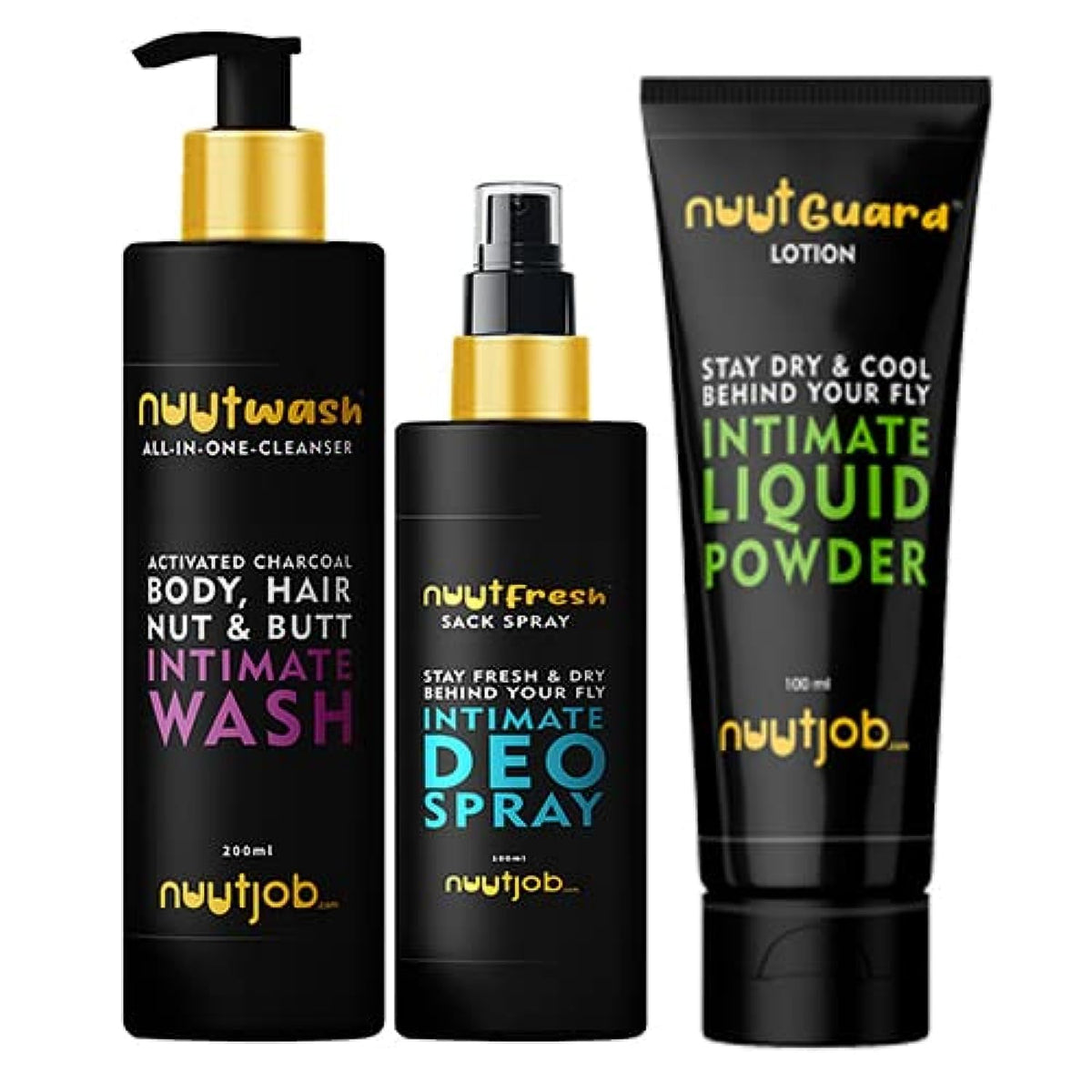 Nuutjob Men's Intimate Grooming and Hygiene 400ml Combo Pack of Intimate Wash, Liquid Powder and Intimate Deo Spray